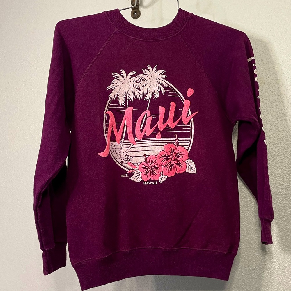 VTG 80s Hanes maroon pullover sweatshirt w/ 2-tone Maui Hawaii graphic sz S
